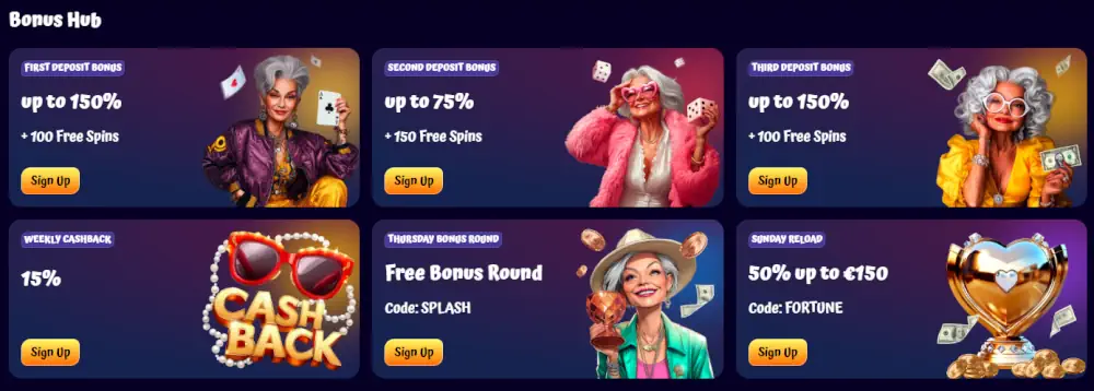 Spin Bunica Bonus Hub cu oferte de bun venit pe mai multe niveluri și bonusuri de reîncărcare