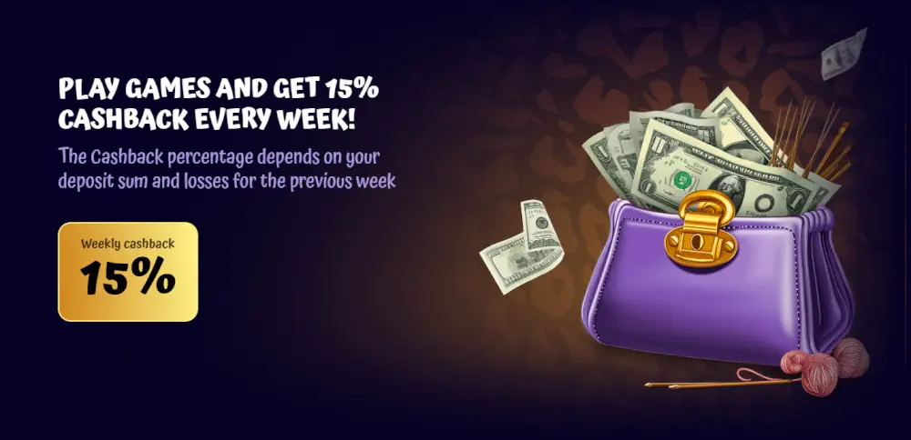 Banner promo săptămânal 15% cashback Spin Granny
